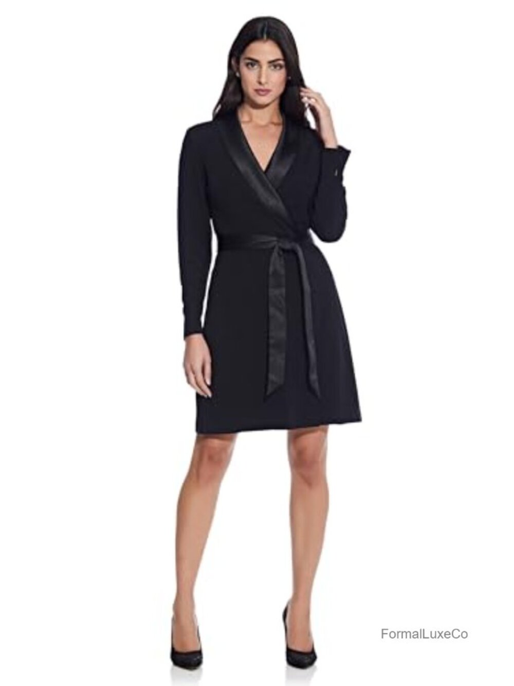 Adrianna Papell Knit Crepe Tuxedo A-Line Dress Satin Shawl Collar Tie Belt